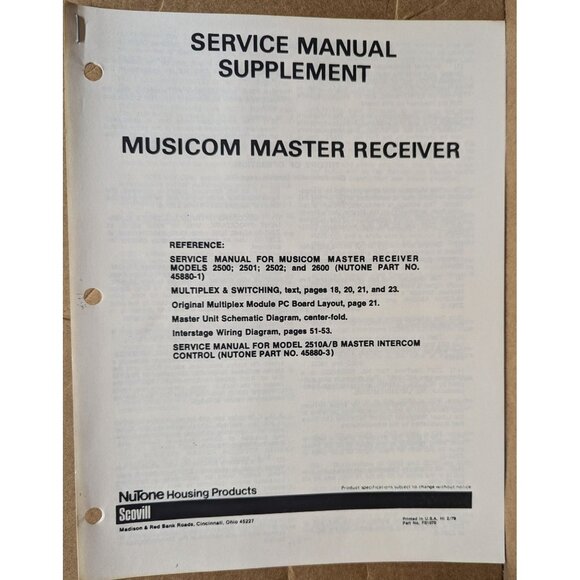 NUTONE SERVICE MANUAL FOR MUSICOM MASTER RECEIVER MODELS 2500, 2501, 2502, 2600 - Picture 7 of 9